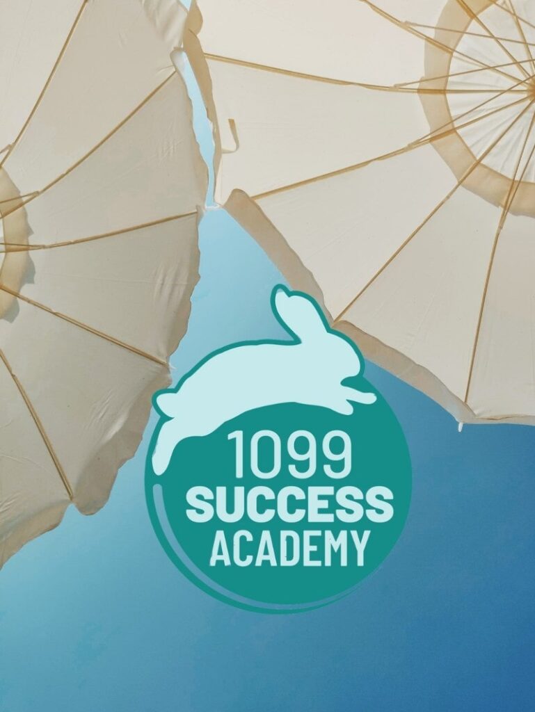 1099 success academy logo bunny on top of a photo of beach umbrellas